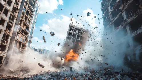 Urban tower collapses in a storm of dust and bright flame.