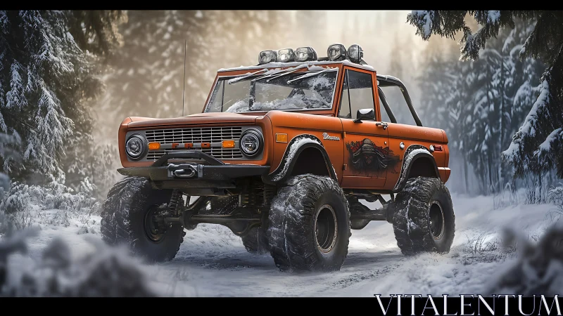 Vintage orange off-road truck powers through a snowy forest