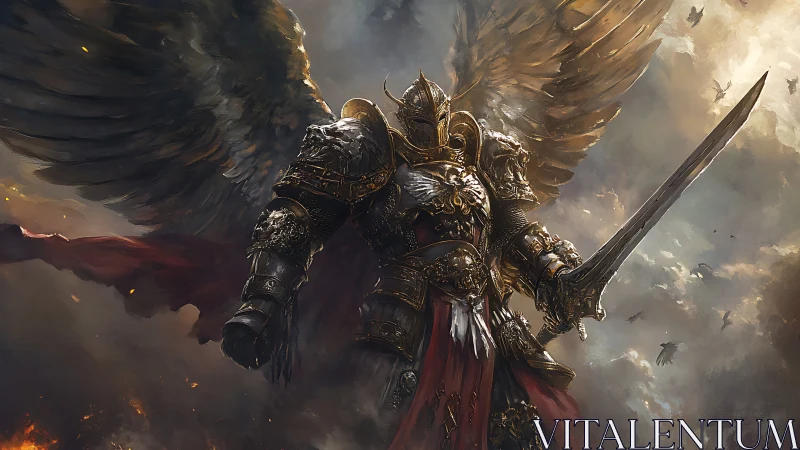 Armored seraphim warlord with flaming battlefield backdrop