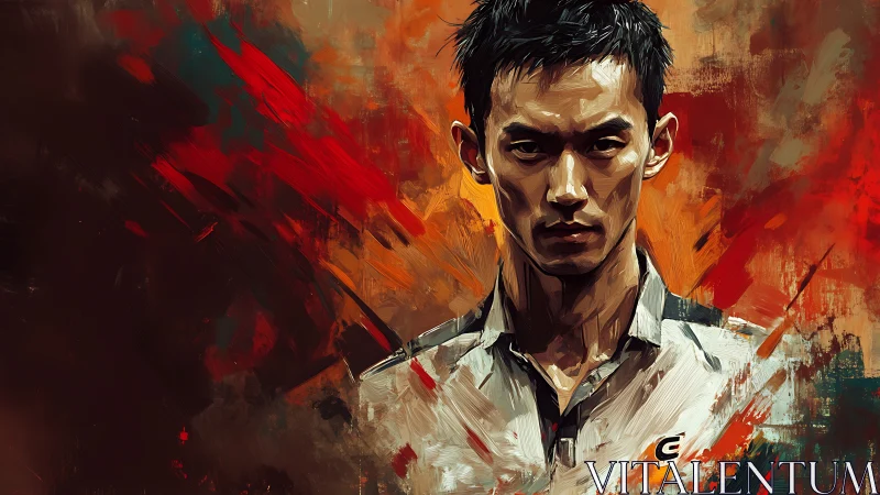 Intense male portrait amid abstract red brushstrokes.