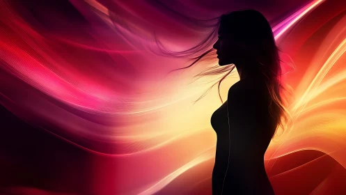 Silhouetted female profile against radiant flowing light fields.