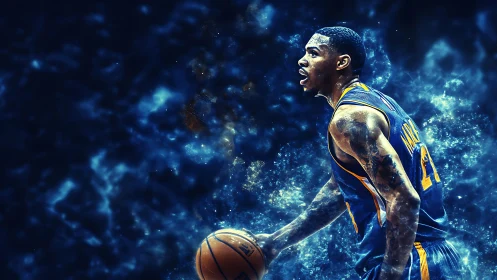 Stellar point guard drives through a cosmic blue blaze.