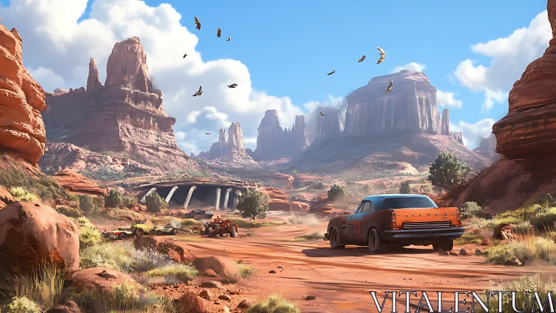 Rusty car drives through wide desert canyon under blue sky