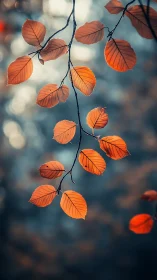 Shallow-depth autumn branch isolates orange leaves against cool bokeh