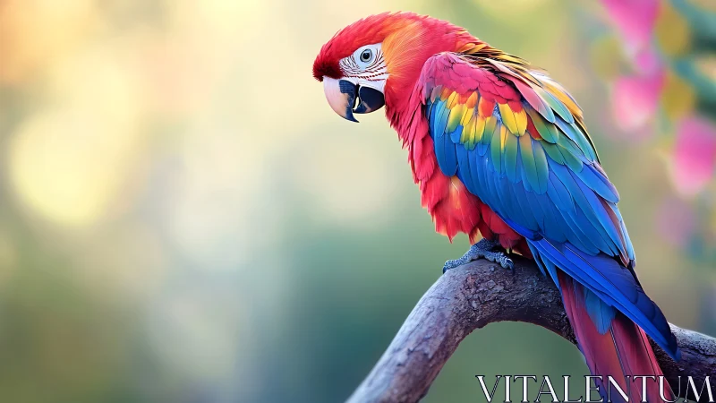 Vibrant Scarlet Macaw Perched on Branch in Soft Focus Nature Scene.