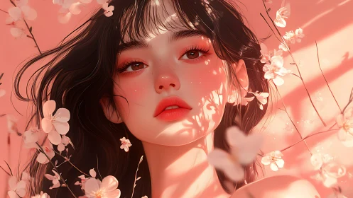 Blossom-lit portrait reveals serene gaze in peach light.