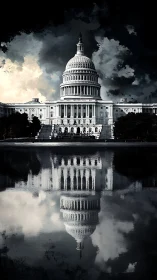 Storm-brooding Capitol dome converses with its ghostly reflection