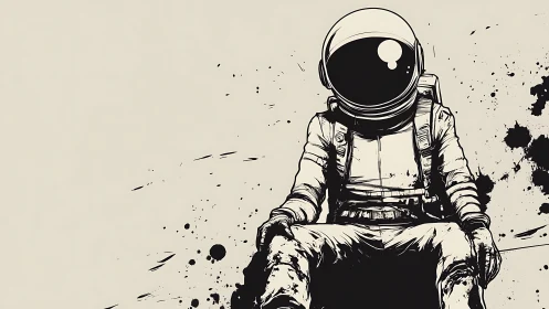 Monochrome ink astronaut with splatter-driven asymmetry.