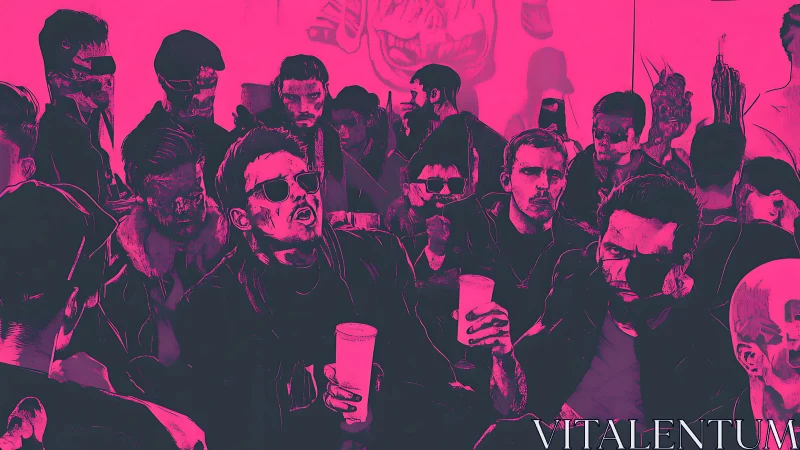 Neon punk crowd fills bar with stark magenta tension.