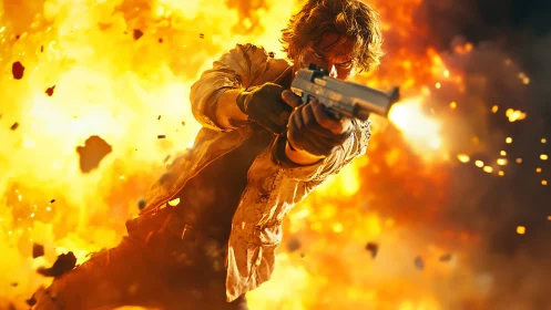 Armed figure in mid-air amid large-scale fiery explosion.