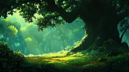 Luminous cavern interior suffused by golden sunlight filtering through canopy