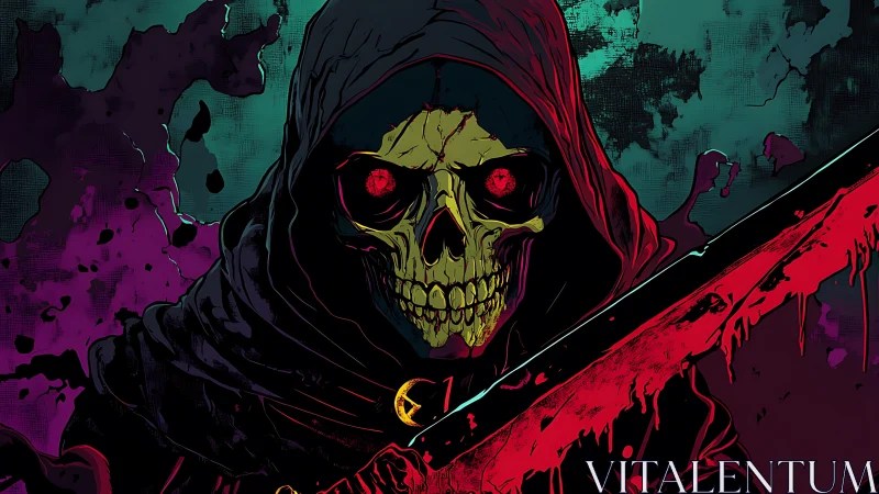 Hooded skeletal figure holds bloodstained sword in profile