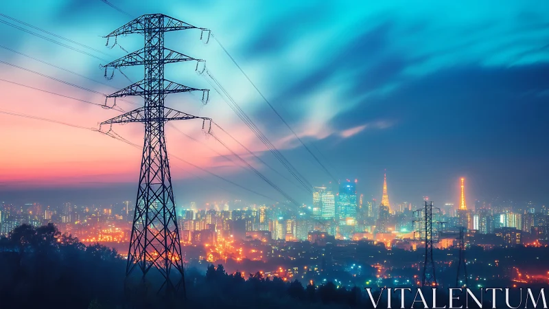 Power lines silhouette against neon city lights at twilight