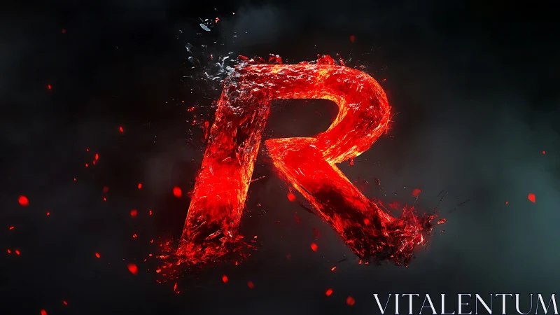 Molten red letter R exploding through dark smoke field.