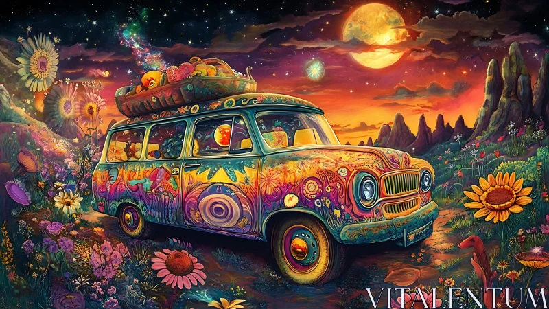Psychedelic van in surreal floral landscape at sunset.