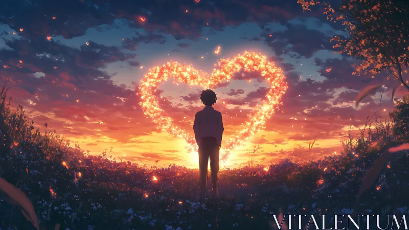 Backlit silhouette beneath a luminous particulate heart nebula.