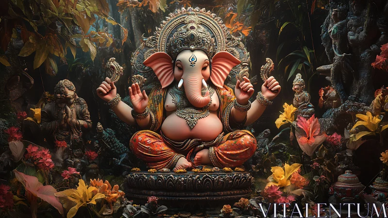 Lotus throne Ganesh in jewel-toned jungle sanctuary.