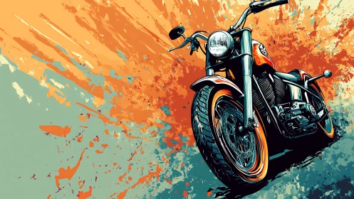 Low-angle cruiser motorcycle illustration with dynamic paint bursts