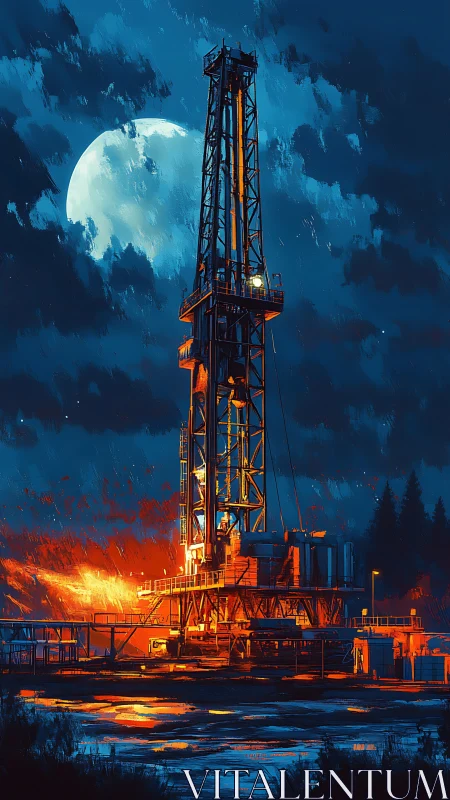 Moonlit oil rig burns with intense industrial flare glow.