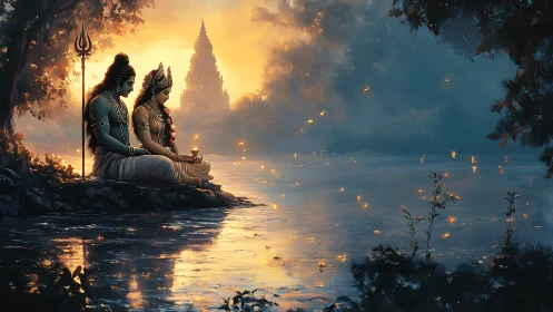 Divine couple beside river under glowing temple dusk.
