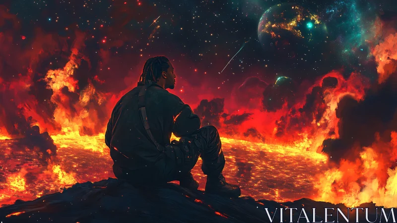 Solitary astronaut overlooks burning alien horizon at dusk