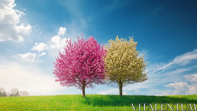 Twin blossom trees trade colors under a wide spring sky