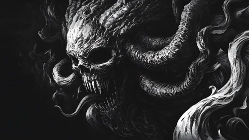 Monochrome demonic skull with elongated tendrils is depicted