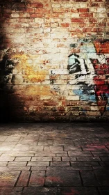Brick wall with weathered graffiti meets worn stone floor
