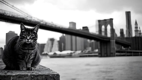 Urban Cat Watches Brooklyn Bridge Skyline.