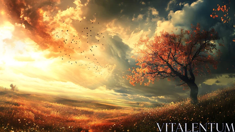 Solitary autumn tree on sloping field under dramatic sky.