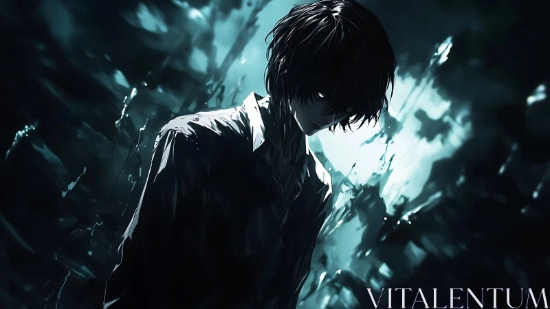 Shadowlit loner bends beneath a storm of fractured light.