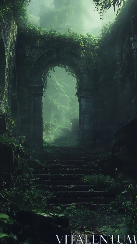 Ancient jungle archway overgrown with deep green foliage.