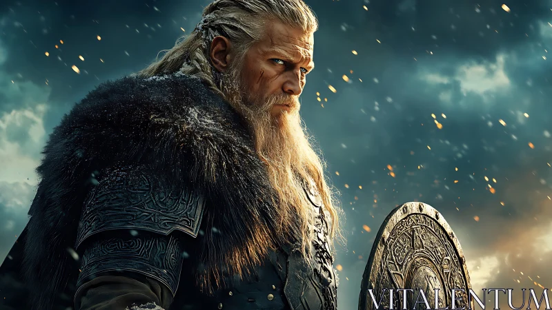 Viking warrior stands under storm sky with burning embers