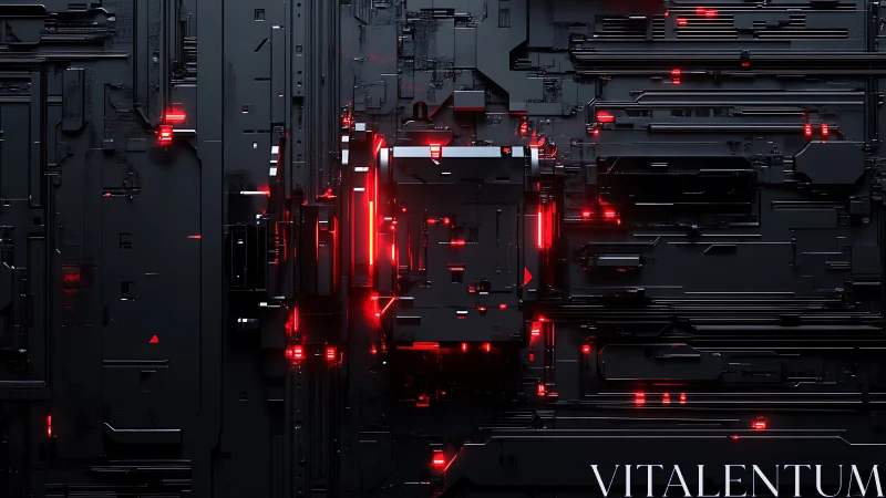Dark futuristic circuit wall with glowing red core lights.