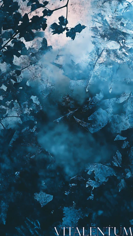 Frosted blue foliage frames misty sky reflection