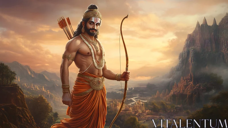 Heroic archer stands before ancient valley city at sunrise