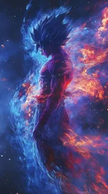 Digital painting of dual-aura warrior in vertical inferno field.