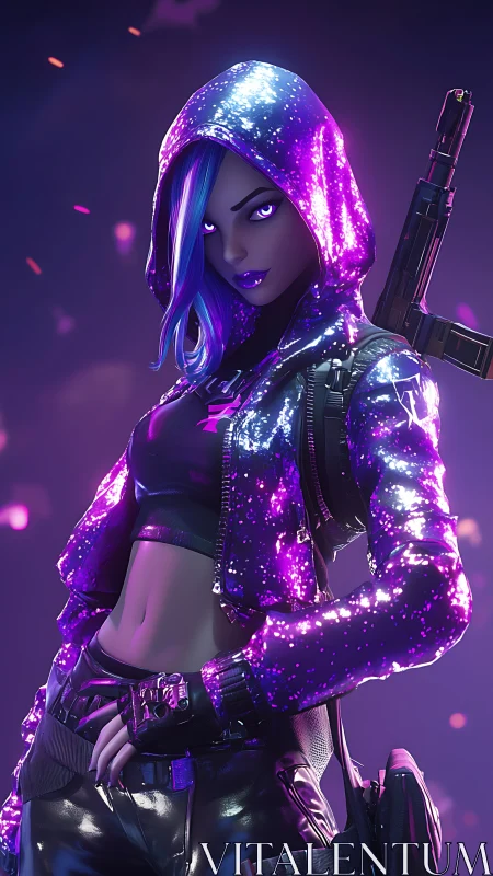 Hooded cyberpunk woman stands armed in glowing jacket