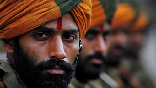 Soldier in orange turban with focused expression in line.