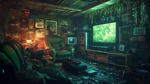 Retro gaming den glows under overgrown neon foliage.