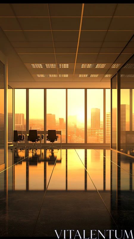Modern High-Rise Office Interior at Golden Sunset Hour