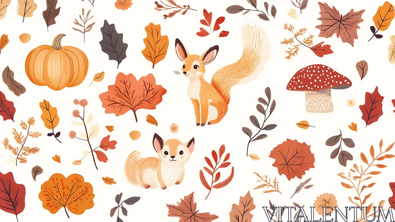 Playful forest foxes amid whimsical autumn foliage pattern.