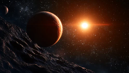 Crimson sunrise over distant planets and rocky frontier.