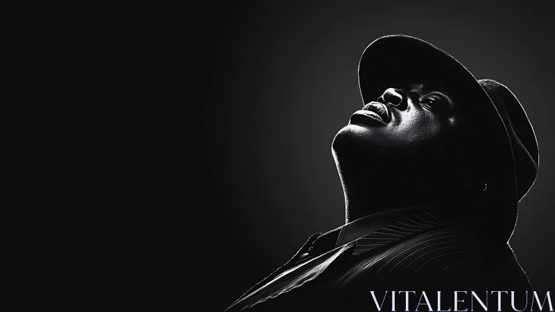 Low-key monochrome portrait of man in hat, side profile gaze