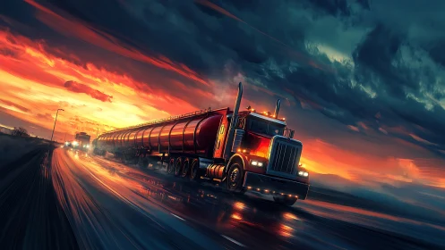 Long-haul fuel tanker racing beneath stormlit sunset sky.