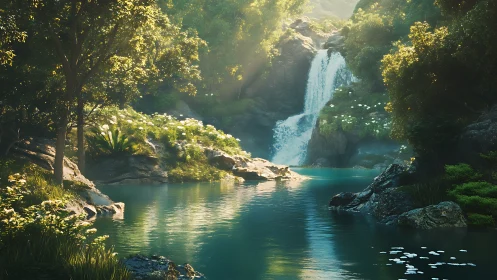 Forest waterfall pool with dense foliage and rock formations.
