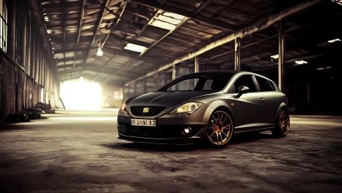 Matte grey hot hatch with bronze wheels in derelict warehouse