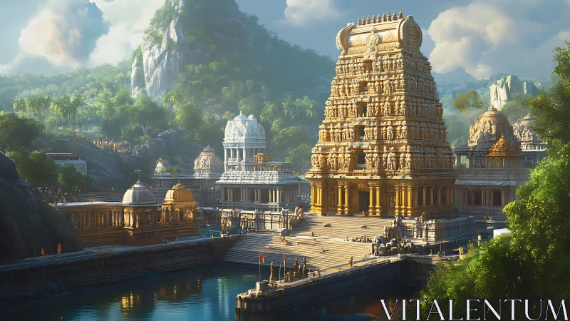 Sunlit river temple citadel basking beneath emerald peaks.