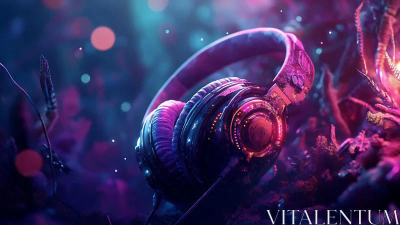 Bioluminescent headphones in neon jungle soundscape simulation.