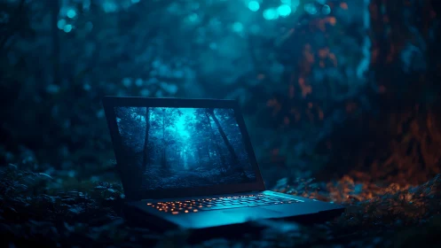 Laptop with neon display glowing in moody forest environment.
